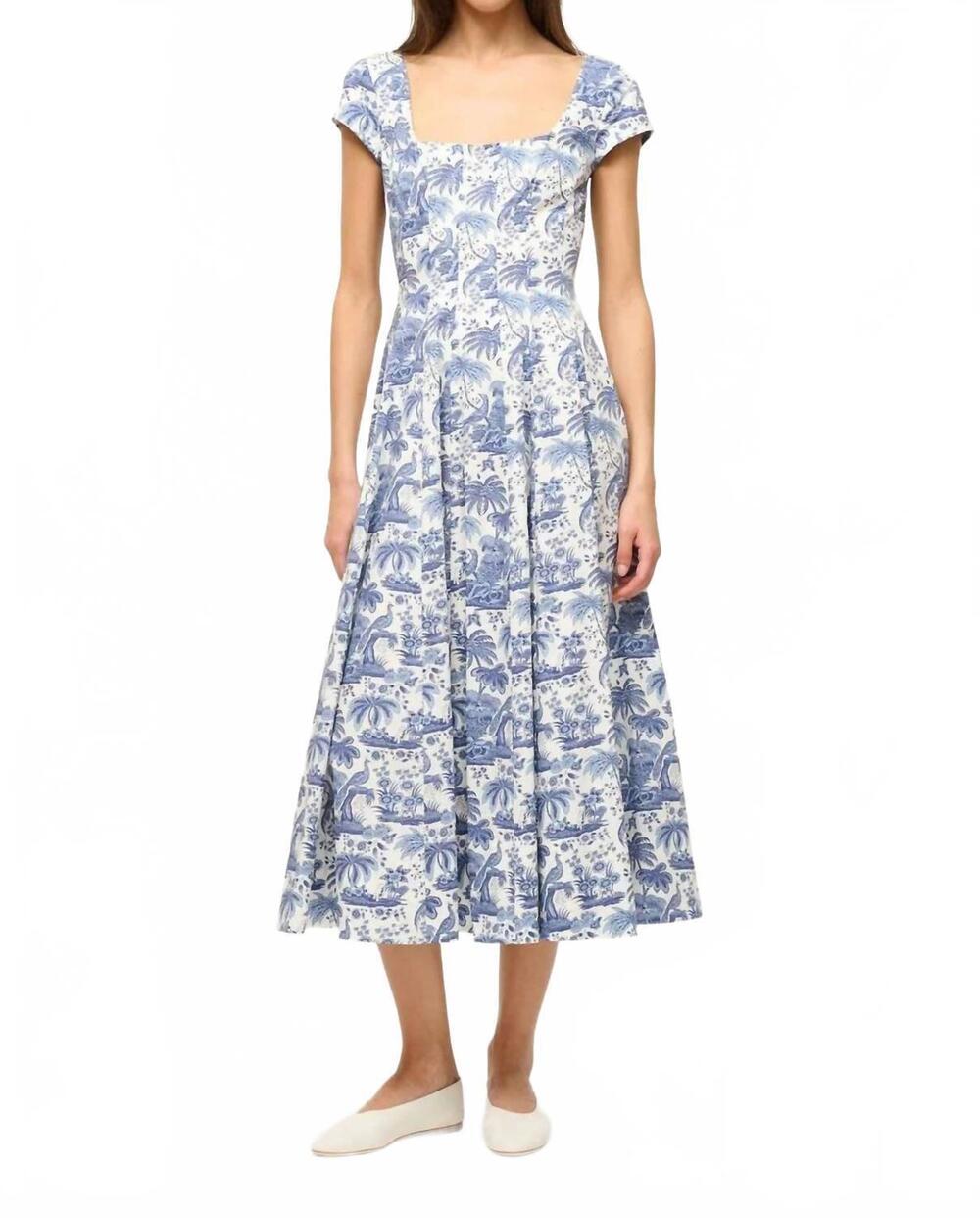 NEW STAUD short sleeve wells dress in blue toile